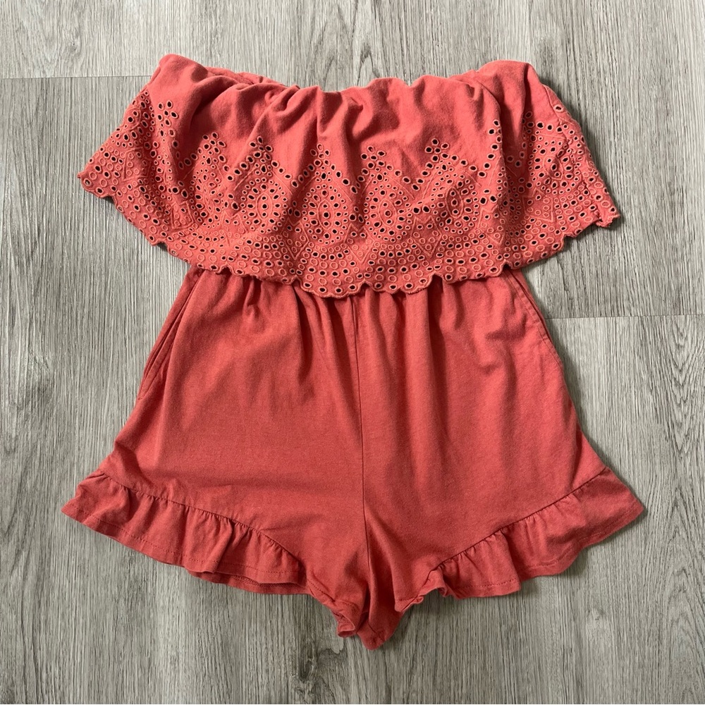American Eagle Outfitters Women's Strapless Overlay Romper Orange